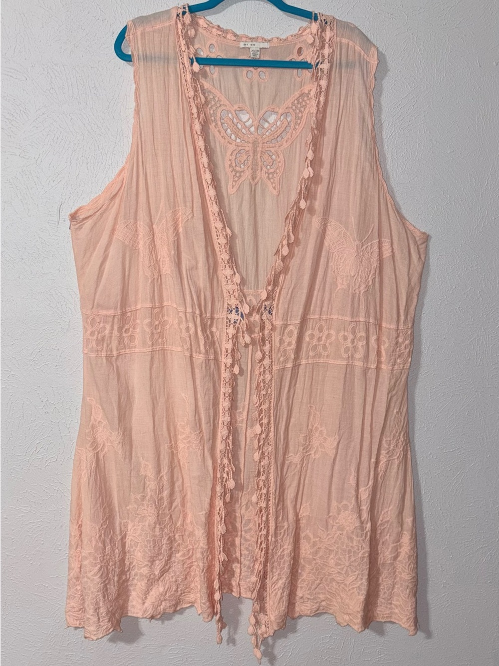 EST 1946 Pink Butterfly Lace Crochet Boho Kimono Vest Cover Up Tagged 26/28
